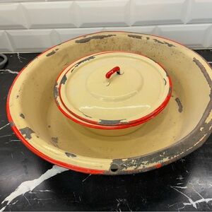 Vintage Cream and Red Enamelware 3 Bowls set + 1 Lid